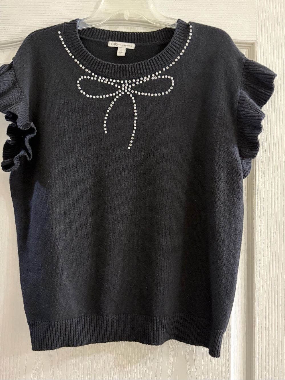 Cato Black Crewneck Sweater with Rhinestone Bow & Ruffle Sleeves